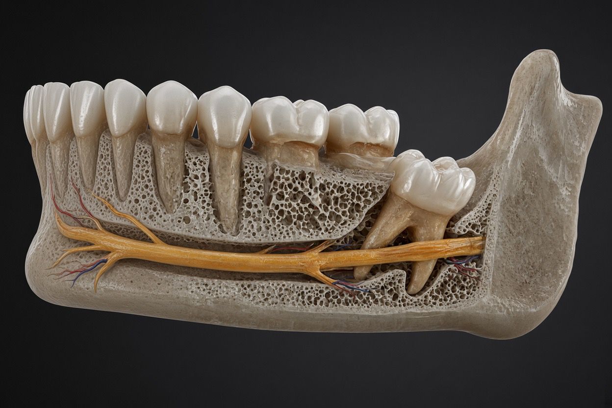 3D cross-section of the mandible showing an impacted wisdom tooth root running directly against the inferior alveolar nerve bundle